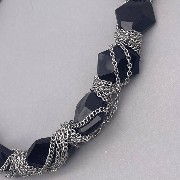 Black Faceted Beaded Silver Tone Chain Wrap Necklace Toggle Closure 19 Inch - Picture 3 of 5